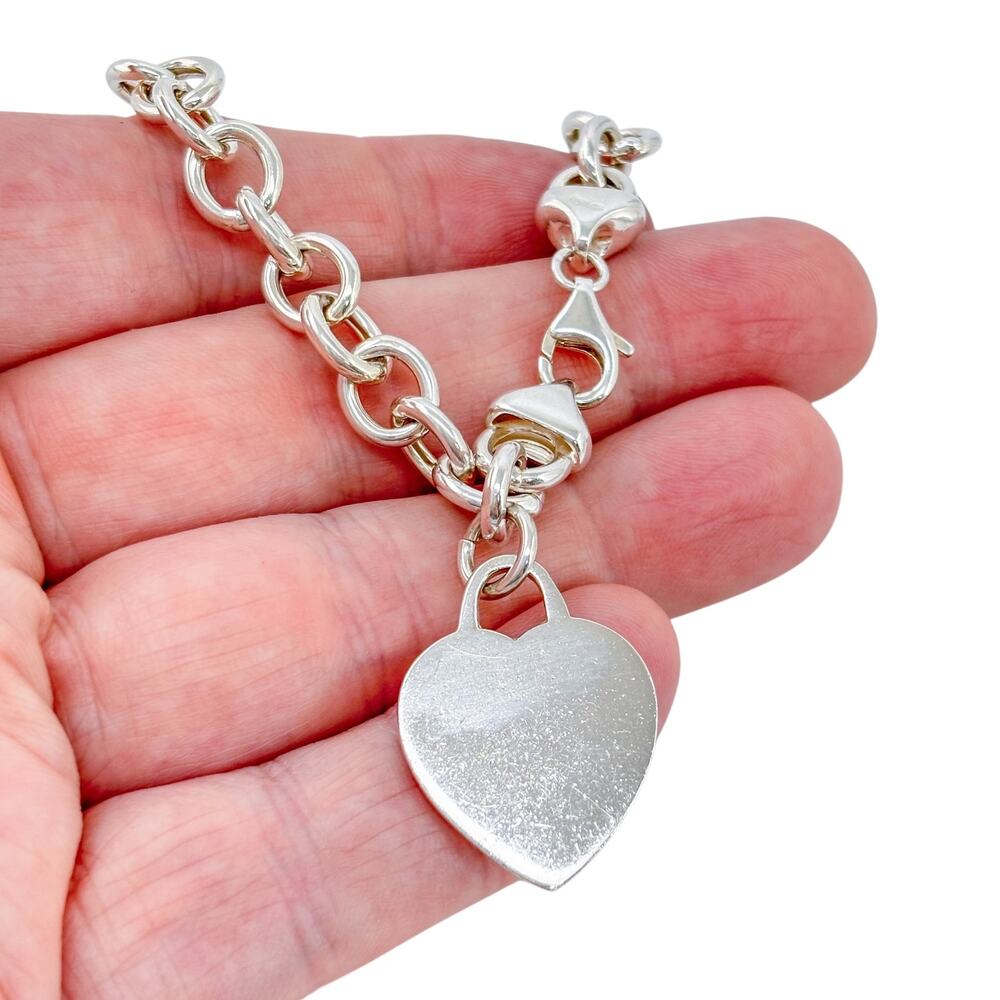 Vintage Sterling Silver 925 Heart Charm Chain Bracelet 7.5"